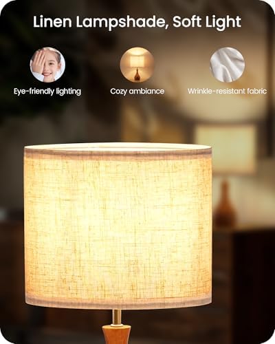 Wood Table Lamps Set of 2, Small Bedside Lamps Set of 2, Beige Linen Lampshade & Dark Pearwood Base, 14.2" Small Table Lamp, Nightstand Lamps for Bedroom, Small Space, E26 Socket, LE09TLP205 - Image 4