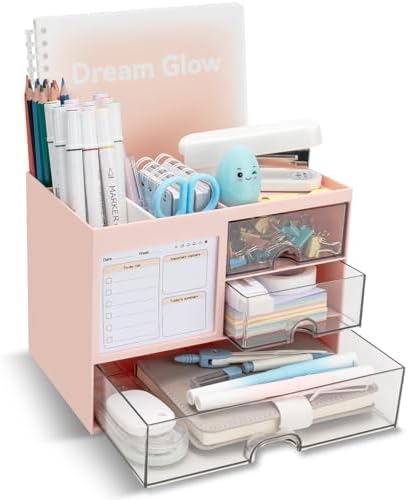QIYVLOS Multi-Functional Desk Organizer with 3 Drawer and 8 Compartments, Pink by QIYVLOS