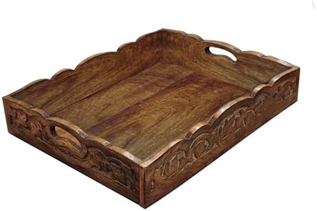 COTTON CRAFT Hand Carved Wooden Serving Tray - Breakfast Tray with Handles by COTTONCRAFT
