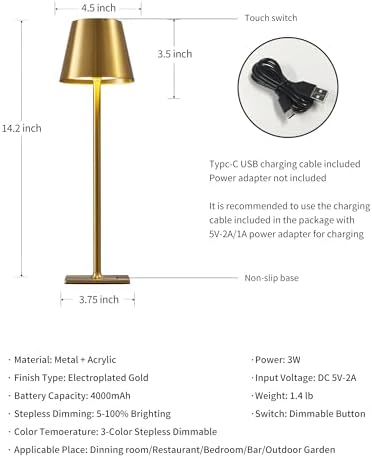 KDG 2 Pack Cordless Gold Table Lamps, Rechargeable Portable LED Desk Lamps - Image 5