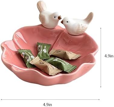 Ceramic Jewelry Tray Trinket Dish, Cute Bird & Lotus Leaf Design, Ring Holder, Seasoning Condiment Dish, Aesthetic Vanity Desk Decor for Bedroom Bathroom (pink) - Image 2