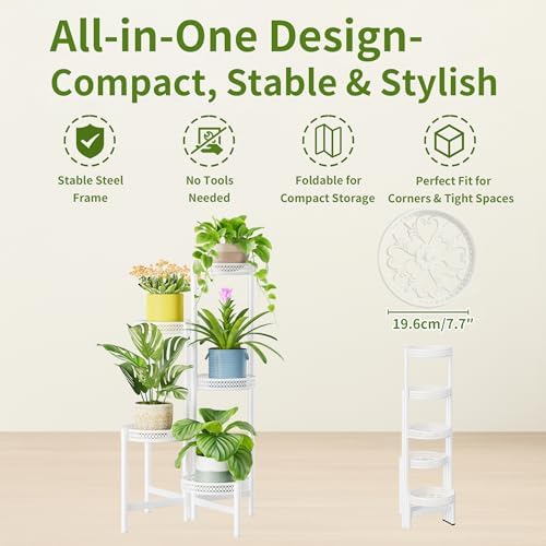 Metal Plant Stand Indoor Outdoor, 5 Tier Tall Flower Pot Holder Potted Display Rack Shelf, Heavy Duty Corner Plant Shelf for Patio Garden Balcony Living Room Bedroom - WhiteWave - Image 5