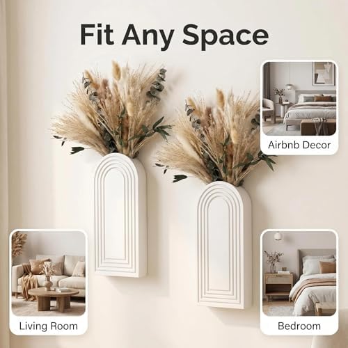 Set of 2 Wooden Wall Vases with Dried Pampas Grass & Eucalyptus, Boho Farmhouse Decor for Living Room, Entryway, Bathroom, Rustic Home Art(White) - Image 4