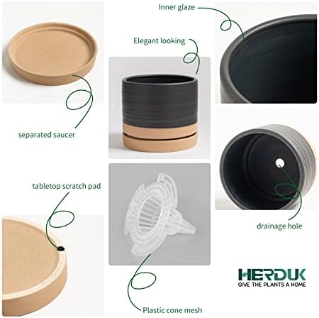 HERDUK 6 Inch Plant Pots, Ceramic Planter Pot with Drainage Hole & Saucer, Indoor/Outdoor Cylinder Round Planter Pot, Matte Black & Brown - Image 4