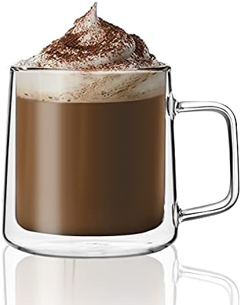 CNGLASS Double Walled Glass Coffee Mugs,15oz(1-pack) Insulated Glass Mugs with Handle,Clear Espresso Cups for Latte,Cappuccino,Tea Bag by CNGLASS