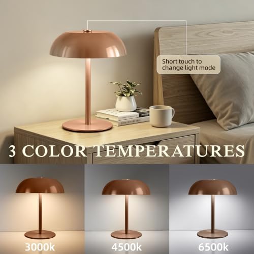 2 Pack Portable LED Mushroom Table Lamp, 12H Cordless Metal Night Light with Rechargeable Battery, Stepless Dimmable 3 Colors Desk Lamp for Bedroom Bar Coffee Shop(Camel) - Image 2