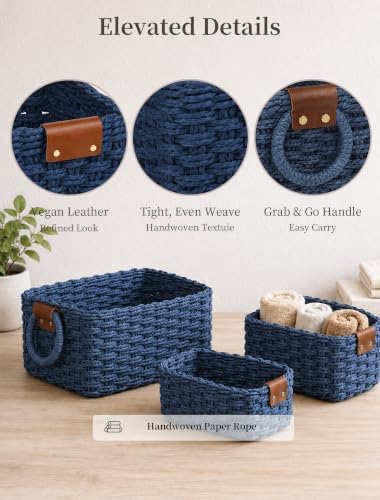 Small Wicker Baskets, 3 PCS Paper Rope Baskets for Shelves, Blue - Image 4