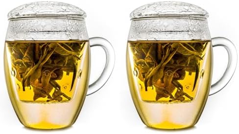 Creano 2x All-In-One Tea Glass with integrated Glass Filter and Lid - 14oz (400ml) by Creano