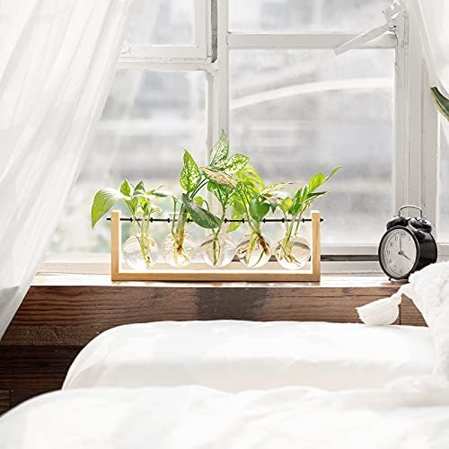 Mkono Plant Propagation Station Wall Desktop Beige Wood Stand 5 Vase Holder - Image 3