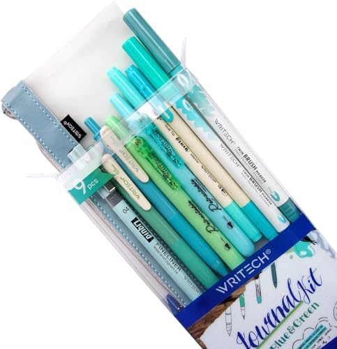 WRITECH Journaling Kit, Gel Ink Pens/Retractable Highlighters/Dual Tip Brush Pens/Fineliner Pens, Smooth Writing Assorted Colors Journaling Supplies, 9 Count with Pen Bag (Vitality blue & green) by WRITECH