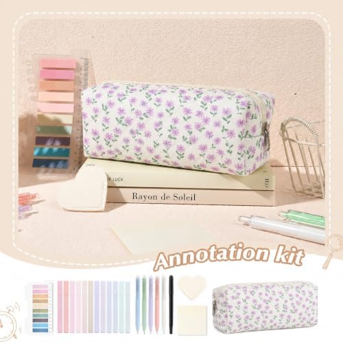 22Pcs Book Annotation Kit Aesthetic Pencil Case with Supplies School Annotation Supplies Gel Pen Transparent Sticky Note Taking Bible Study College Stationery Supplie (Lavender Floral) - Image 4