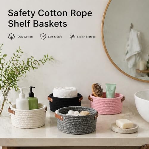 Small Woven Basket, Mini Cotton Rope Storage Basket with Leather Handle - Image 2