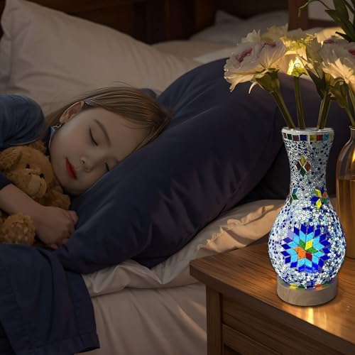 Mosaic Vase Lamp, Turkish Table Lamp with Wood Base, USB LED - Image 6