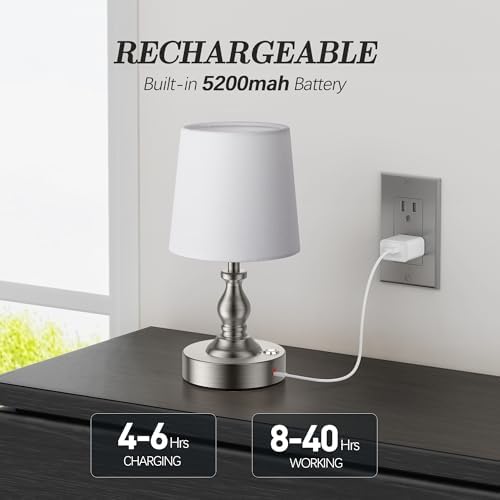 PARTPHONER Mini Cordless LED Table Lamp, 5200mAh Rechargeable Battery Operated Lamp, 3-Level Brightness, Touch Dimmable Desk Lamp, Bedside Night Light for Patio Camping Restaurant Home, Brushed Nickel - Image 3