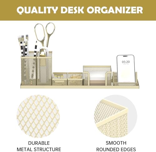 Pen Holder for Desk, 6-Piece Mesh Desk Organizer with Phone Holder, Gold - Image 4