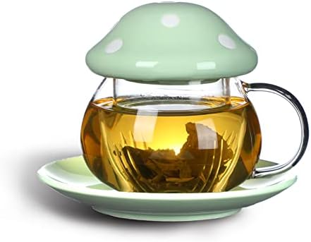 Mushroom Cup Cute Glass Tea Cup with Infuser and Lid Kawaii Mushroom Mug Set Coffee Teapot with Ceramic Coasters 11oz (Green) by Aboyer-Lifestyle