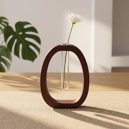 Wooden Frame Glass Vase Hydroponic Propagation Station with Cylinder Tube to Observe Water Levels and Root Growth, Rustic Minimalist Modern for Fresh Cut Flowers and Plants - Image 5