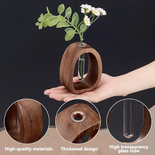 2 Sets Coconut Brown Wooden Frame and Glass Tube Vase for Hydroponic Plants Small Tabletop Propagation Vase with Test Tube for Home Office Desk Decor Modern Farmhouse Centerpiece - Image 3
