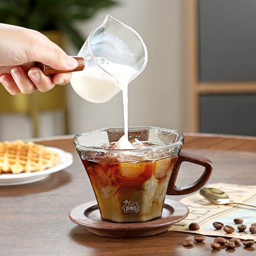 Bincoo Glass Mug with Wooden Handle and and Saucer Set-280ML Glass Coffee Cup Heat Resistant Lightweight Tea Mugs Ideal for Home, Cafe, Coffee Bar(Grey) - Image 6