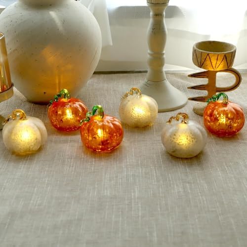 Light Up Glass Pumpkins (Set of 3) - Silver Frosted Crackle LED Pumpkin Decor with Warm White Lights, Battery Operated Fall Centerpiece for Table, Halloween, Thanksgiving & Christmas Decorations - Image 3