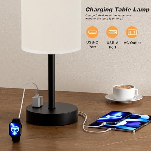Fenmzee 17.4" Beige Lamp for Bedroom - Dimmable Touch, USB A+C, AC Outlet - Image 4