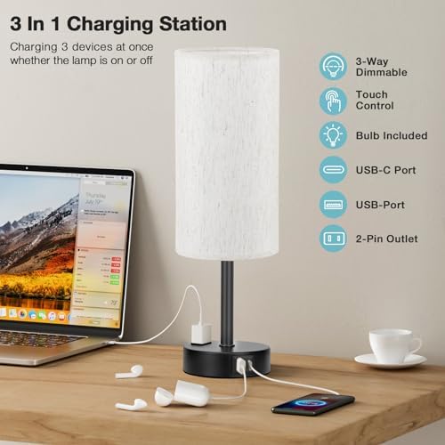 Fenmzee Turquoise Bedside Table Lamp, Dimmable Touch, USB A+C, AC Outlet - Image 3