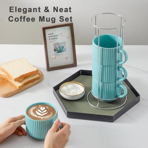 Hasense 15 oz Coffee Mug Set of 4 with Stand - Stackable Large Ceramic Ribbed Latte Cup Set for Cappuccino, Tea, Hot Cocoa, Drinks - Dishwasher & Microwave Safe, Turquoise - Image 5