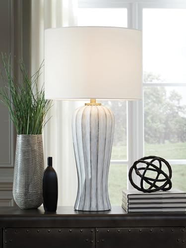 Signature Design by Ashley Lanwell Table Lamp, Tall 32" Antique Gray Fluted Base, Transitional Style Cotton Drum Shade for Living Room and Bedroom Nightstand, 3-Way Switch, 150W Max - Image 4