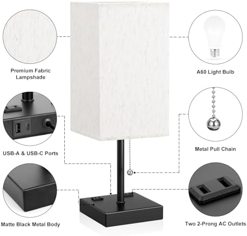 Bedside Lamp for Bedroom - 3 Color Temperatures, USB A+C, 2 AC Outlets - Image 4