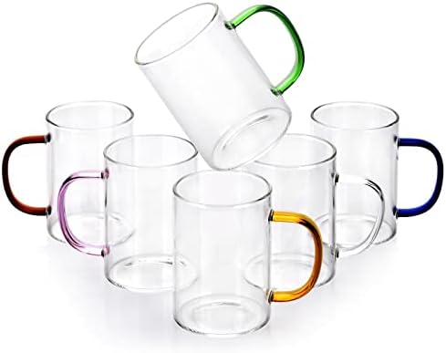 Transparent Glass Cup Set, 10.2Oz/300ml, Coffee Glasses with Colorful Handles, Suitable for Tea Glasses, Juice Glasses, Coffee Glasses, for Party, Restaurant, Weddings, Set of 6 Glass by QHYK