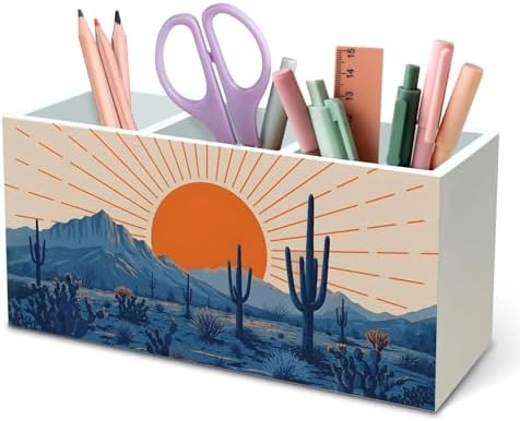 DILSJ Western Boho Pen Pencil Holder Organizer for Desk, Boho Office Decor, Abstract Sunshine Western Desert Cactus Landscape Wooden Box Signs for Home Office Desk Tabletop Decoration by DILSJ