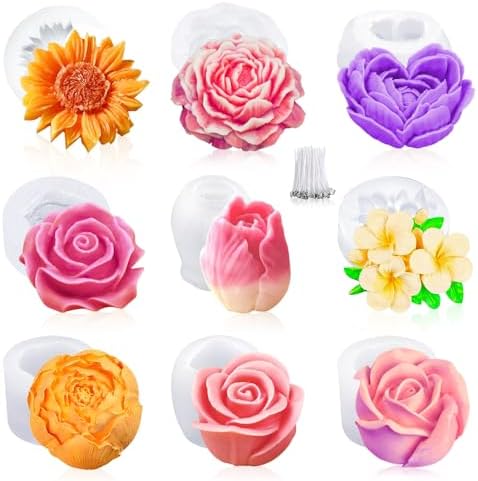 MGLIFEUL 9PCS 3D Flower Candle Making Molds Moldes de Silicona para Velas by MGLIFEUL
