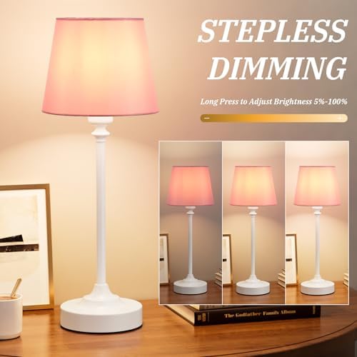 Cordless Table Lamps Rechargeable Set - 2 Pack White 4000mAH Battery Operated Lamps for Decor, 3000K Stepless Dimming Touch Control Wireless Lamps for Bedroom, Dining Table, Living Room, Pink Shade - Image 2
