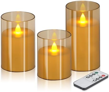 wemarry Flameless Candles 4" 5" 6" Acrylic Glass Pillars 3" Diameter Battery Operated Flickering Candles Include 8-Key Remote with Timer Function 400+ Hours (Amber, Warm Light 3 Pack) by wemarry