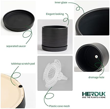 HERDUK 8 Inch Pots for Plants, Ceramic Planter Pot with Drainage Hole & Saucer, Indoor/Outdoor Cylinder Round Planter Pot, Matte Black - Image 4