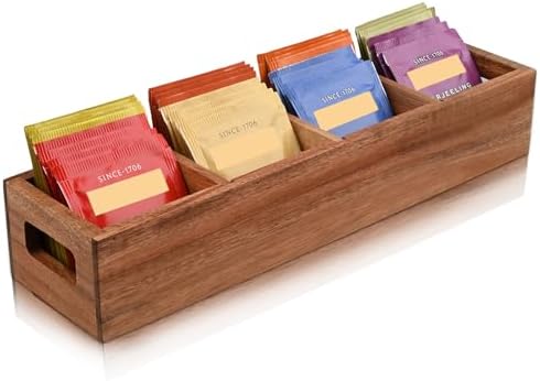 Acacia Wood Tea Bag Organizer with 4 Slots – Tea Bag Holder and Tea Organizer, Sugar Packet Storage for Countertops by villasmallbusiness