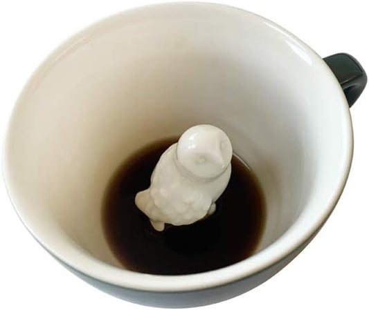 Creature Cups OWL Ceramic Cup (11 Ounce, Emerald Green Exterior) - Hidden 3D Animal Inside Emerges As You Drink - Holiday, Birthday Drinkware Gift for Farm Animal, Bird, Coffee & Tea Lovers