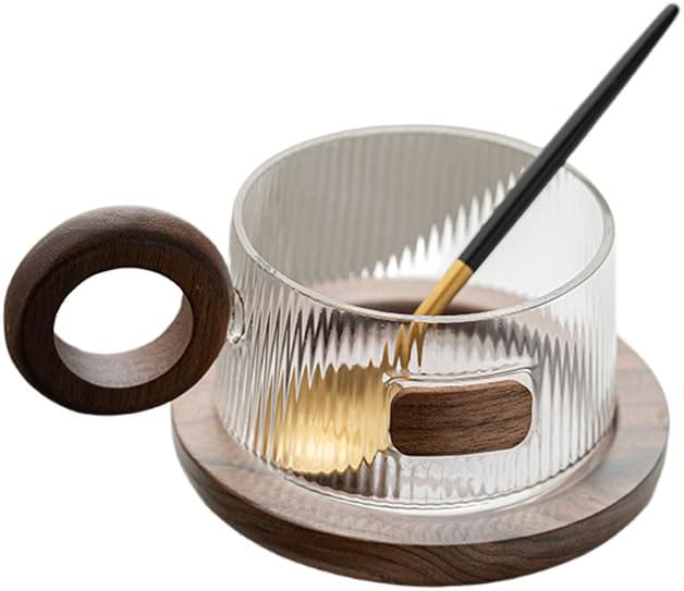 Dxcaicc Glass Coffee Cup 9 Oz Set, 250Ml Tea Cup with Handle, Clear Juice Cup with Wooden Saucer, Heat-Resistant Water Cup Set with Spoon,A by Dxcaicc