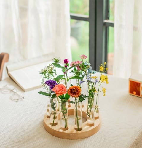 Melphoe Glass Bud Vases Small Flower Vase for Centerpieces Wedding Table Decorations, Home Decor, Propagation Station Plant Terrarium with Wooden Stand, Unique Plant Lover Gifts for Women (Beige) - Image 2