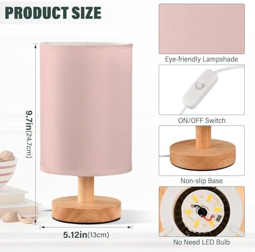 Pale Pink Print Bedside Table Lamp for Bedroom Small Lamps for Nightstand Lamp with Non-Slip Base Night Light Lamps for Living Room Home Office Dorm Kids Room - Image 3