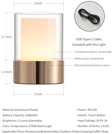 4" Gold Cordless Table Lamp 2 Pack, Outdoor Rechargeable Lamp - Image 5