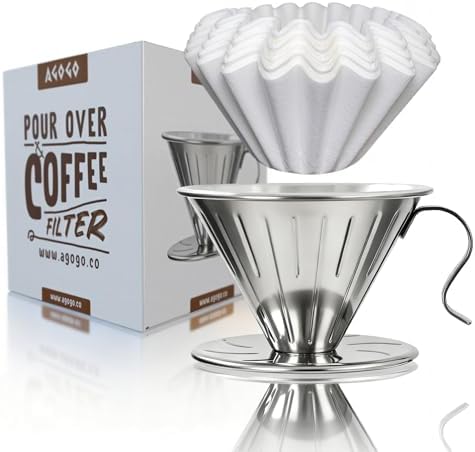 AGOGO Stainless Steel V60 Coffee Dripper & 50 Paper Filters, Sliver by AGOGOOfficial