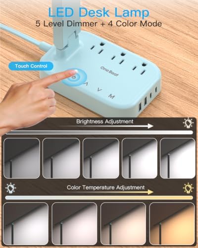 LED Desk Lamp, Power Strip with 4 USB 3 Outlets, Dorm Room Essentials, Blue - Image 3