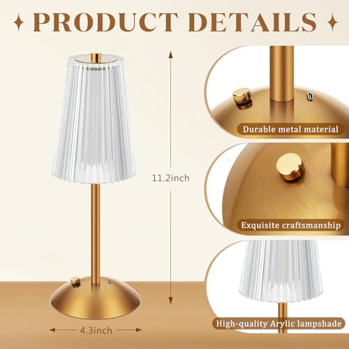 Liliful 2 Pcs Cordless Table Lamp LED Touch, Gold, Small Stripes - Image 2