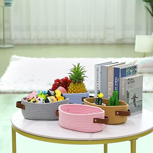 ABenkle Small Woven Basket, Mini Cotton Rope Tiny Oval Shelf Decorative Toy Dog Cat Toy Storage for Nursery, Easter，Empty Gift Baskets, 9.4" x 5.9" x 3.9" XS - Image 4