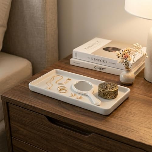 White Ceramic Vanity Tray (6.3" x 2.9") - Rectangular Trinket Dish for Jewelry, Keys & Soap, Multi-Scene Organizer for Bathroom, Kitchen, Entryway & Dresser, Modern Home Decor - Image 5