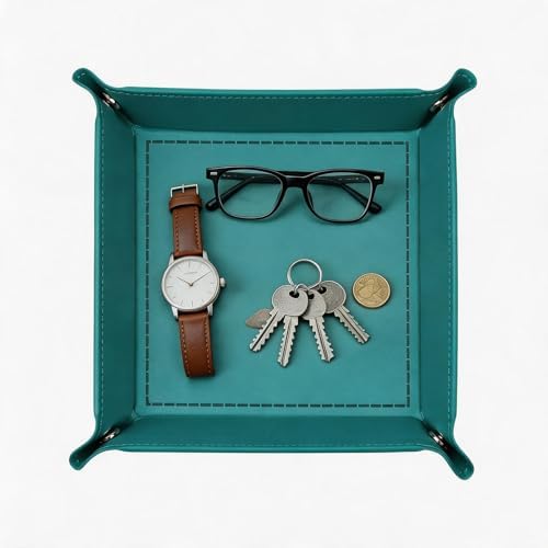 Valet Tray Desktop Storage Organizer – Vegan Leather Catchall Tray Bedside Vanity Tray Nightstand Caddy Holder for Remote Controller, Watch, Keys, Phone, Wallet, Coin, Jewelry, Turquoise - Image 4