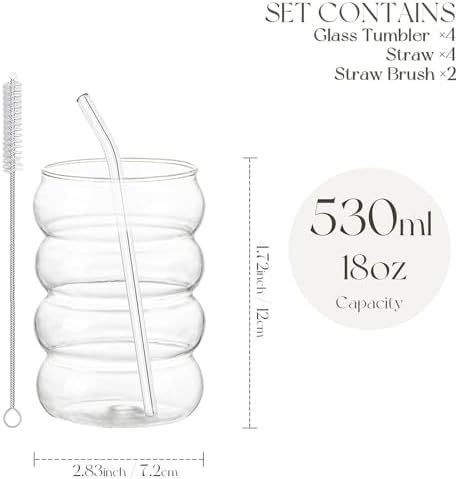 KEMORELA 18oz Wave Shape Beverage Glasses With Straws,Vintage Glass Cups Wine Mugs Set, Ripple Drinking Glasses,for Juice Beer Wine Champagne Cocktail Home Kitchen Bar Mixed Drinks (4PCS) - Image 3