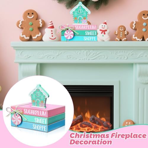 Yookeer 4 Pieces Pastel Christmas Gingerbread House Tiered Tray Decor Mini Wood Book Stacks Table Decorations Pastel Candy Wooden Book Table Sign for Christmas Home Room Mantle Fireplace Shelf - Image 5