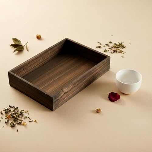 kowaku Rectangular Tray Wooden Serving Tray Table Organizer Aged Wood Look with Sides Minimalist Form Suitable for Cups Snacks Coasters Coffee Table Sideboard Lounge, Dark Brown Single Tray - Image 7